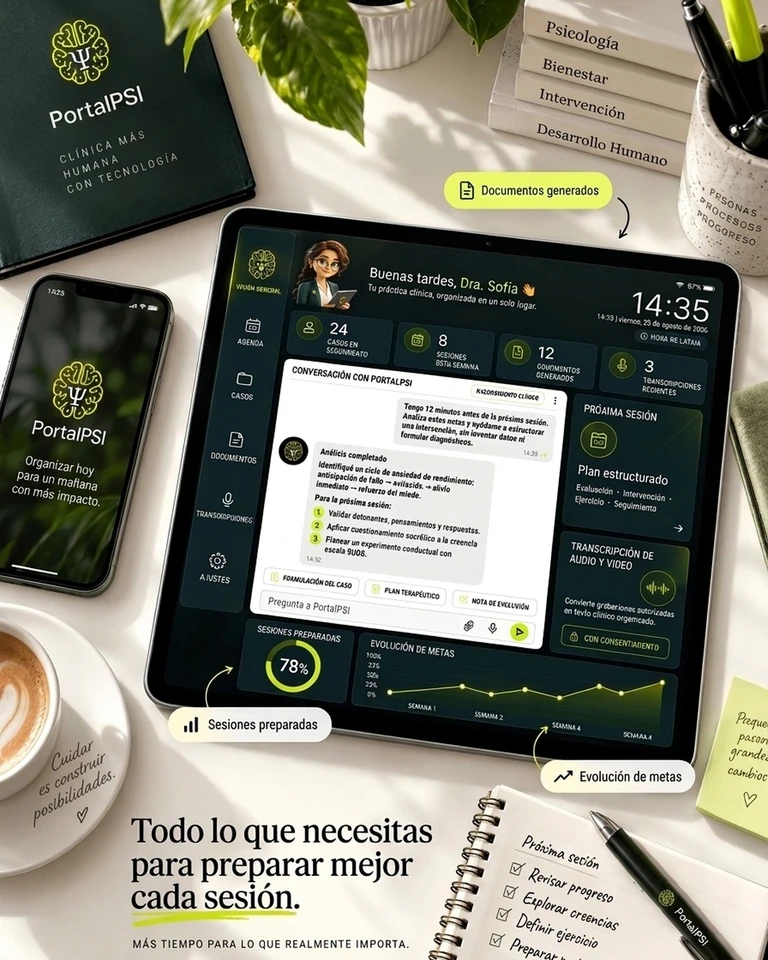 PortalPSI abierto en tablet y celular, con análisis clínico y transcripción de audio