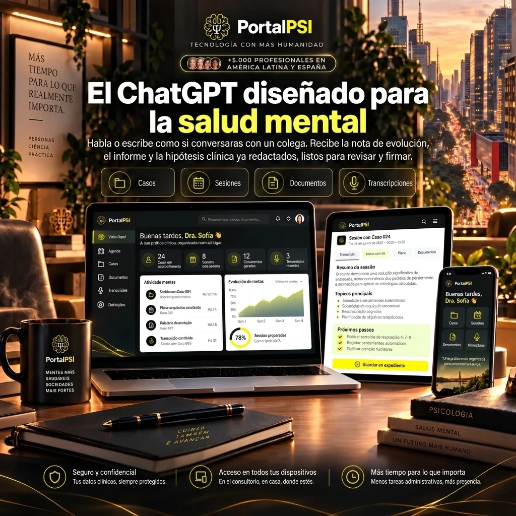 Interfaz de PortalPSI en computadora, tablet y celular para profesionales de salud mental